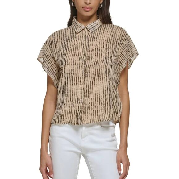 Calvin Klein Blouse Printed Chiffon Collared Button Up Beige Lightweight 3X NWT - Picture 1 of 12
